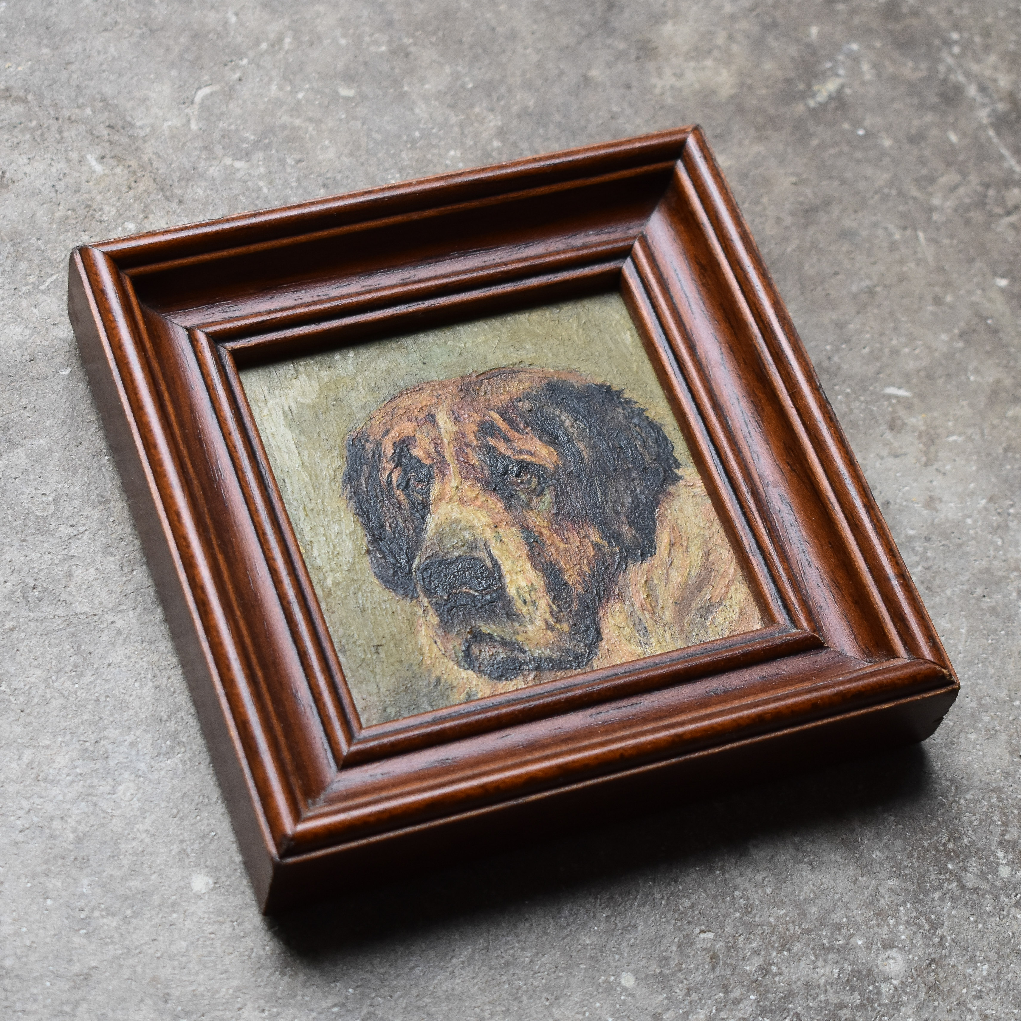 Antique Vintage Early 1900s Mini Oil Portrait Painting Saint Bernard Dog Pet Art Decor Cabin Lodge Ranch Decor