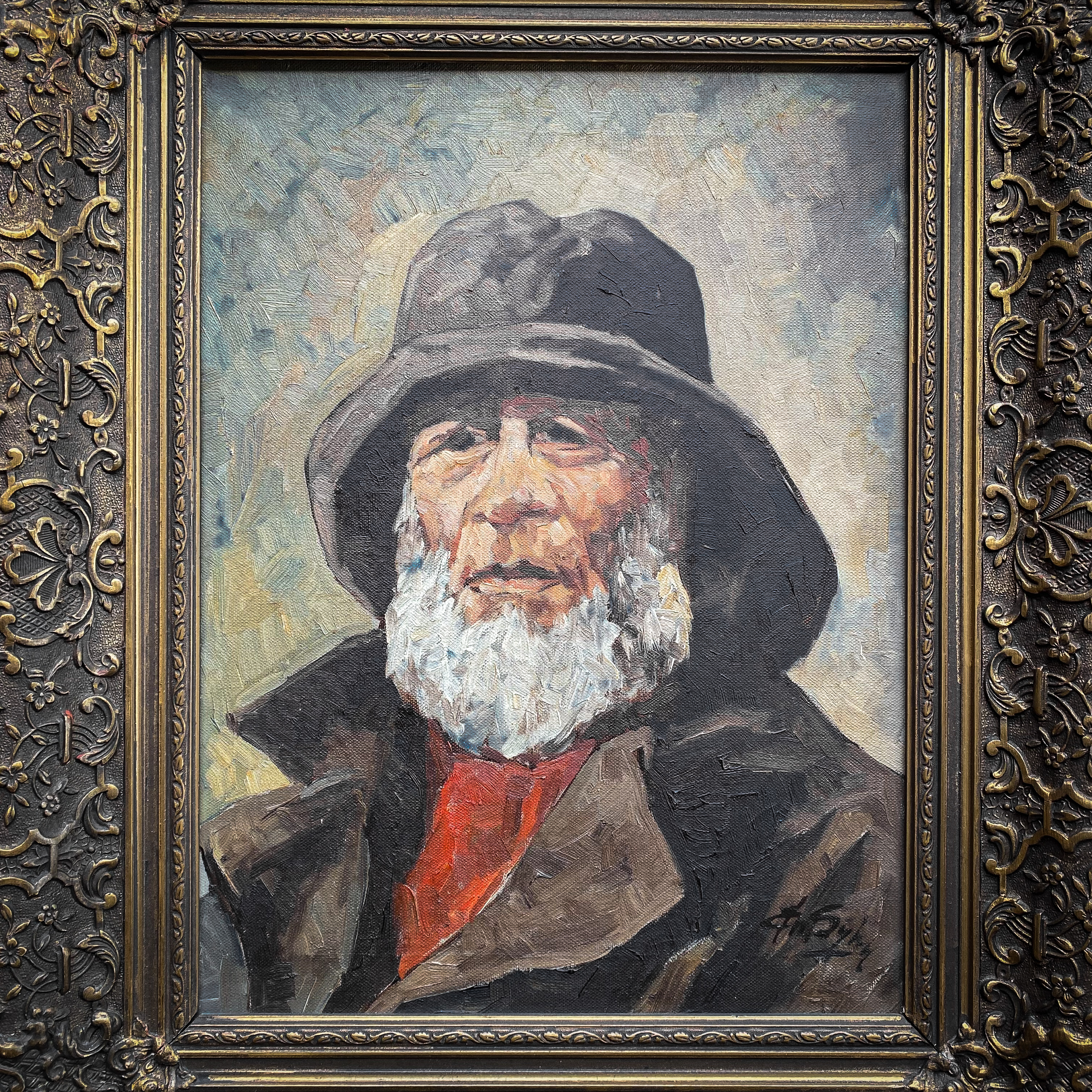 Antique Vintage 30s 1930s Oil Potrait Painting Fisherman Sailor Bearded Man Cabin Lodge Decor Gilded Frame