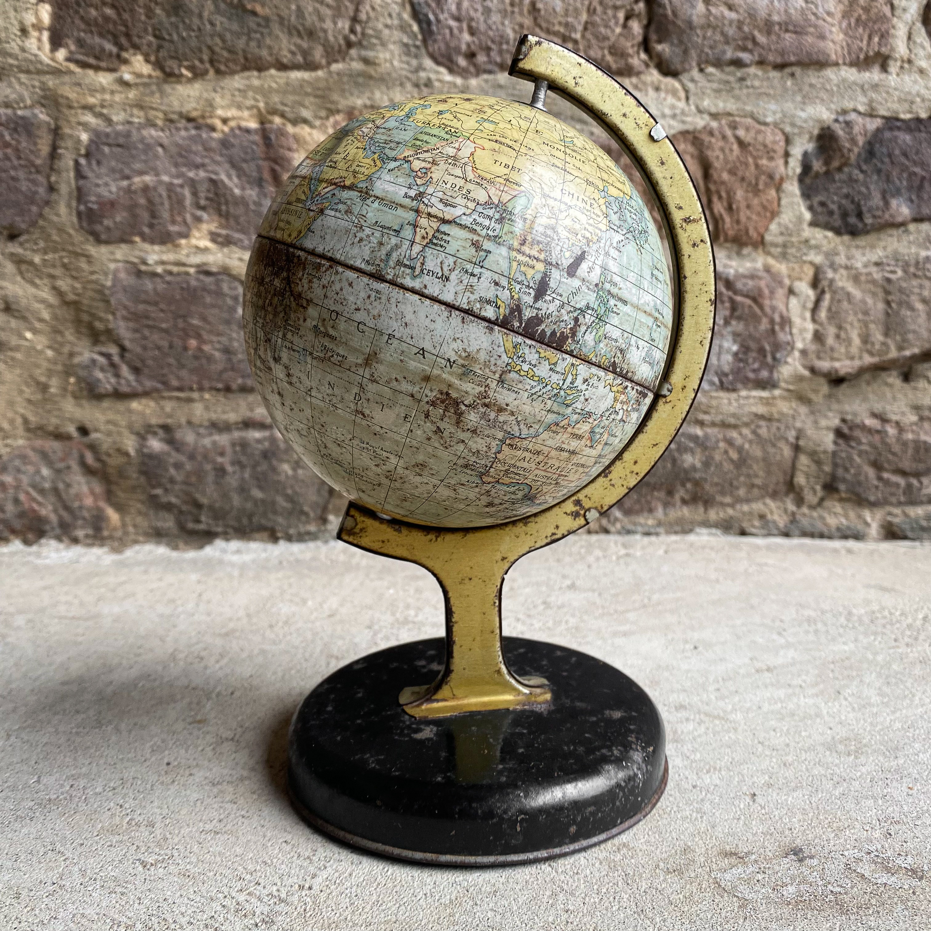 Antique Vintage 30s 1930s Chad Valley Co Ltd English British Tin Metal Globe Earth Geographic Model Desk Table Decor Patina Patinated Gift Rustic Toy