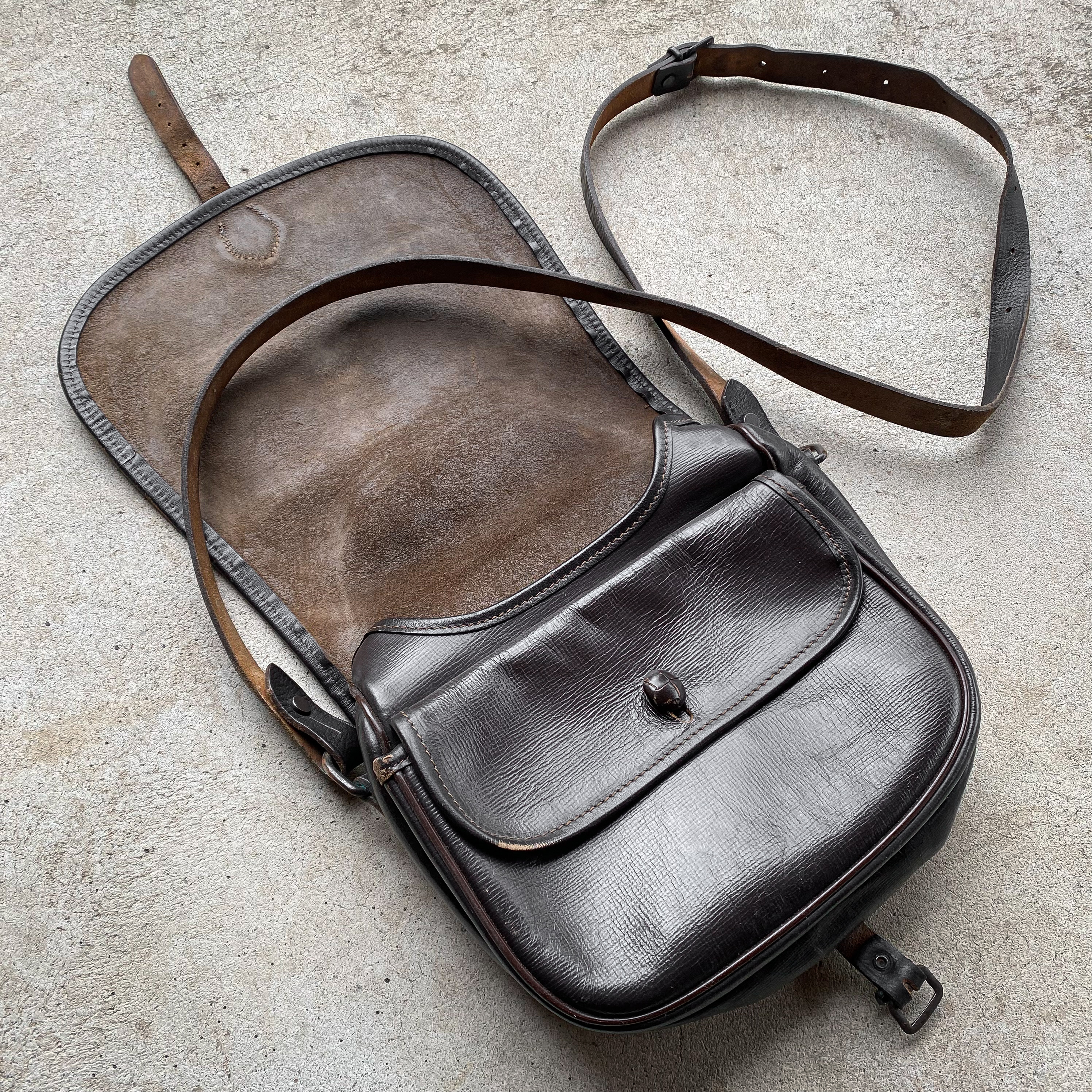 Vintage 50s 1950s German Leather Hunting Cartrigde Game Bag Brown Rugged Style Decor Mens Gift