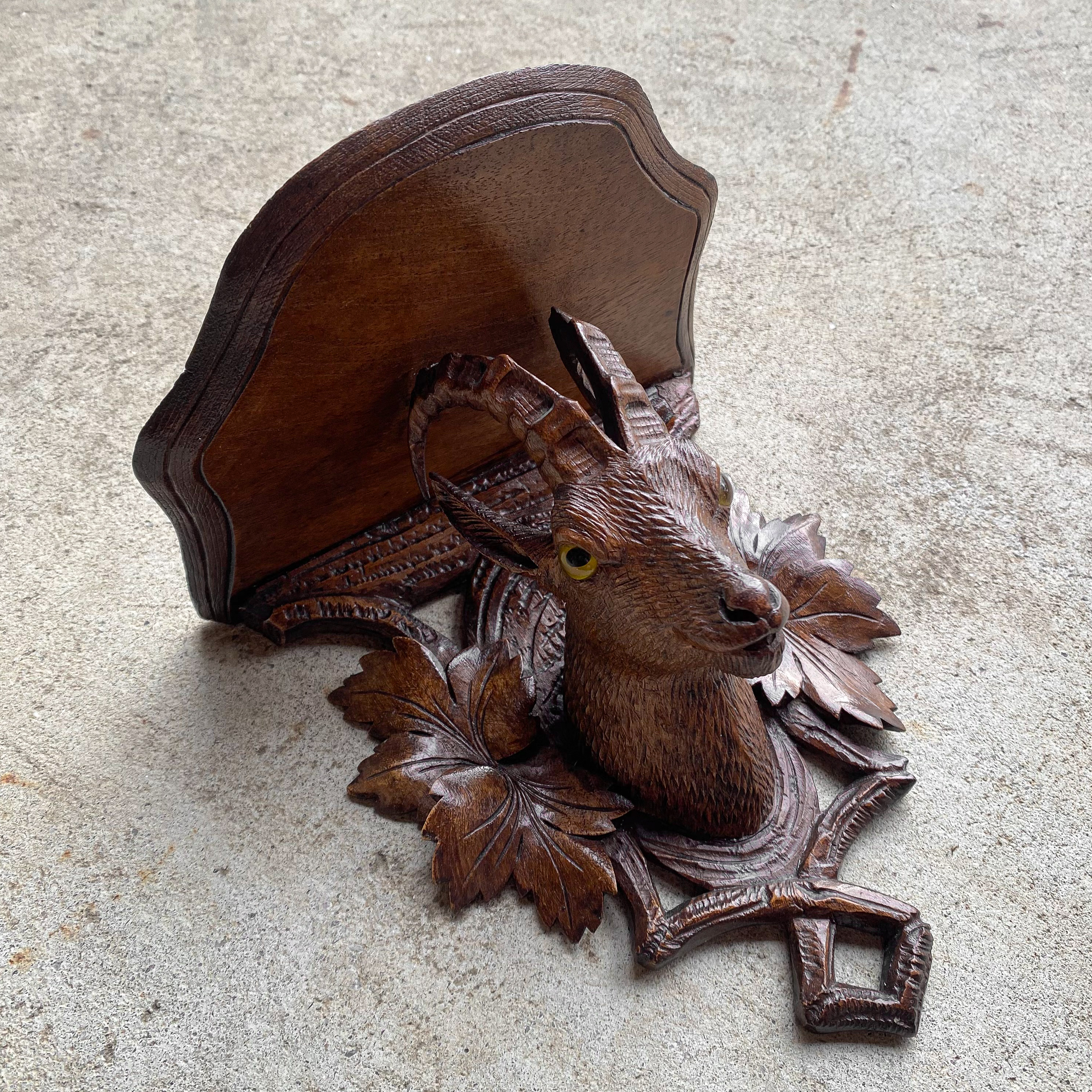 Antique Vintage 19th Century 1800s Black Forest Folk Art Hand Carved Ibex Wall Console Shelve Carving Curiosity Collection Decor Gift