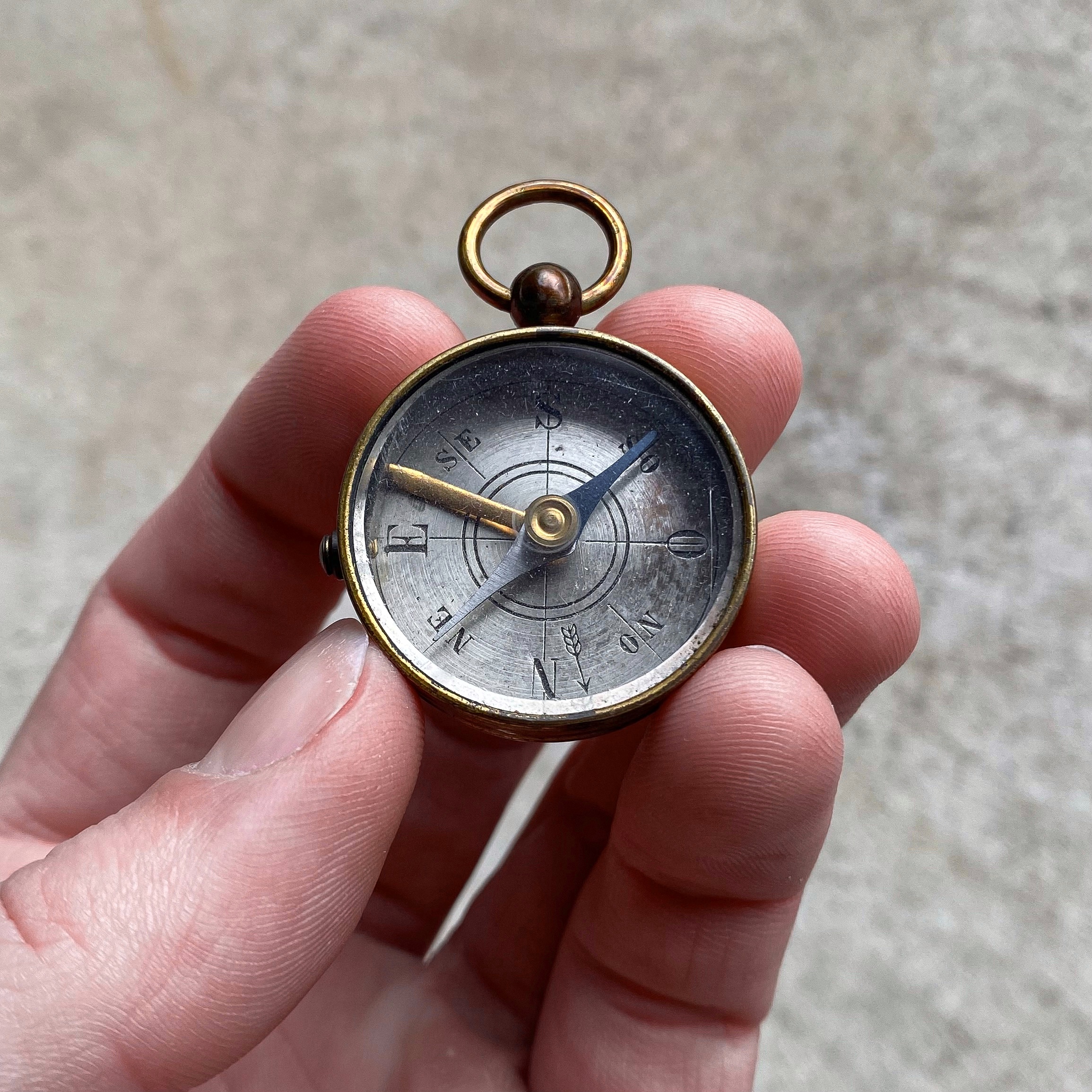 Antique Vintage Early 1900s French Pocket Field Compass Pendant Jewelry Gift Collection Gear Decor Brass