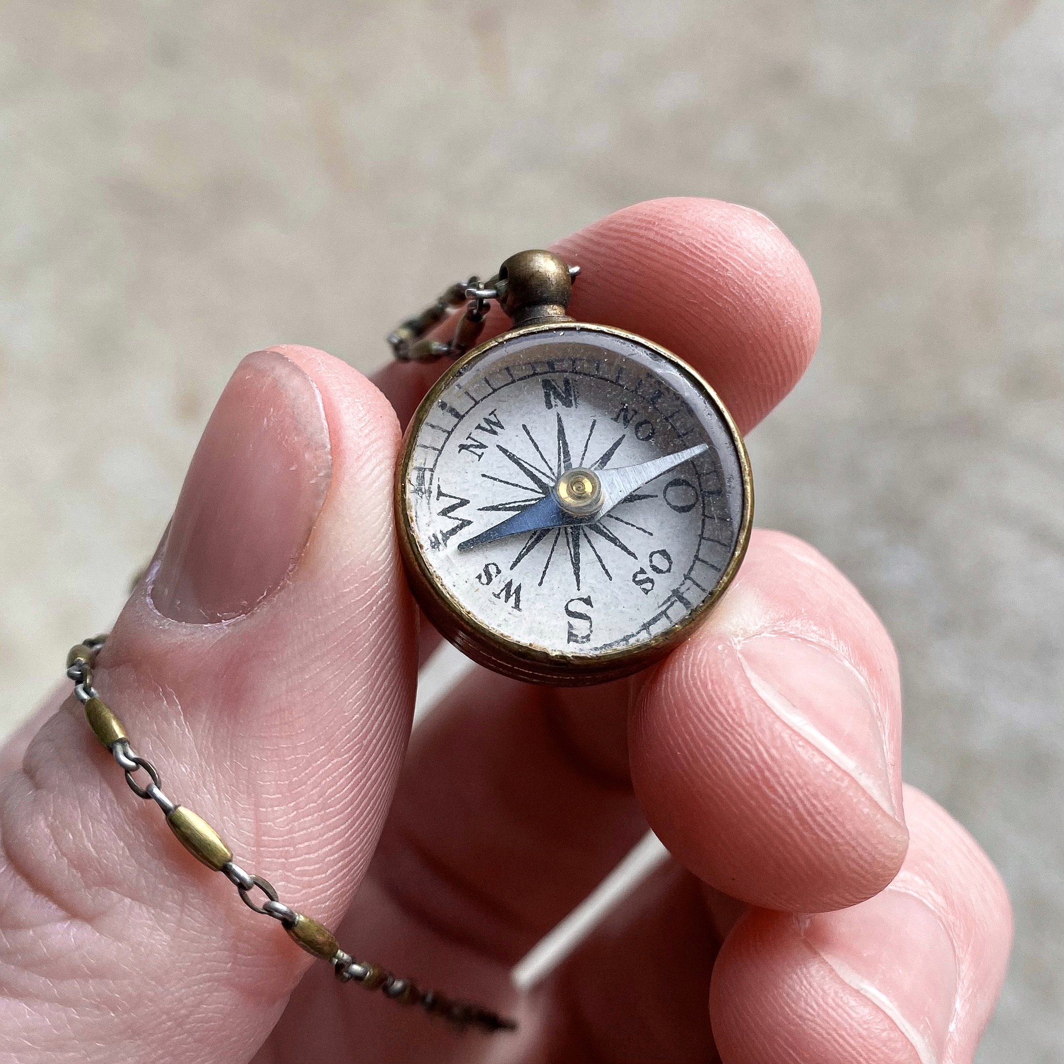 Antique Vintage 30s 1930s German Mini Compass Pendant Jewelry Chain Decor Collection Gear Gift
