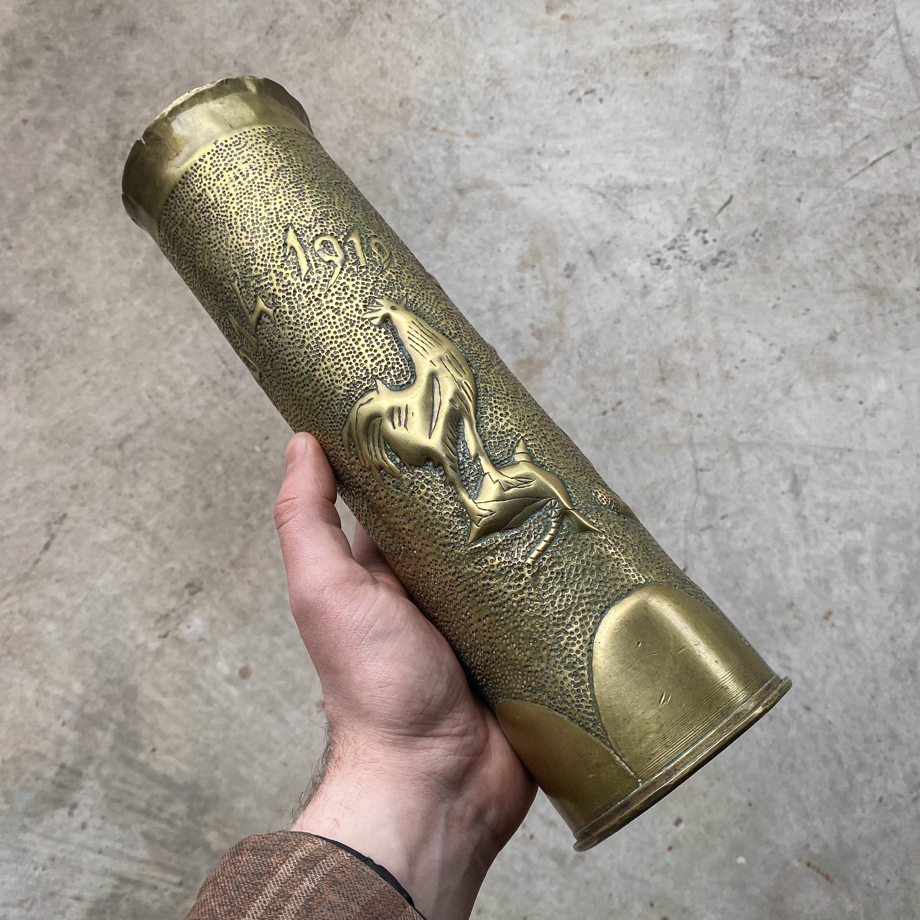Antique Vintage 1917 WWI French Trench Art Artillery Shell Brass Rooster Decor Military Collection Curiosity Gift