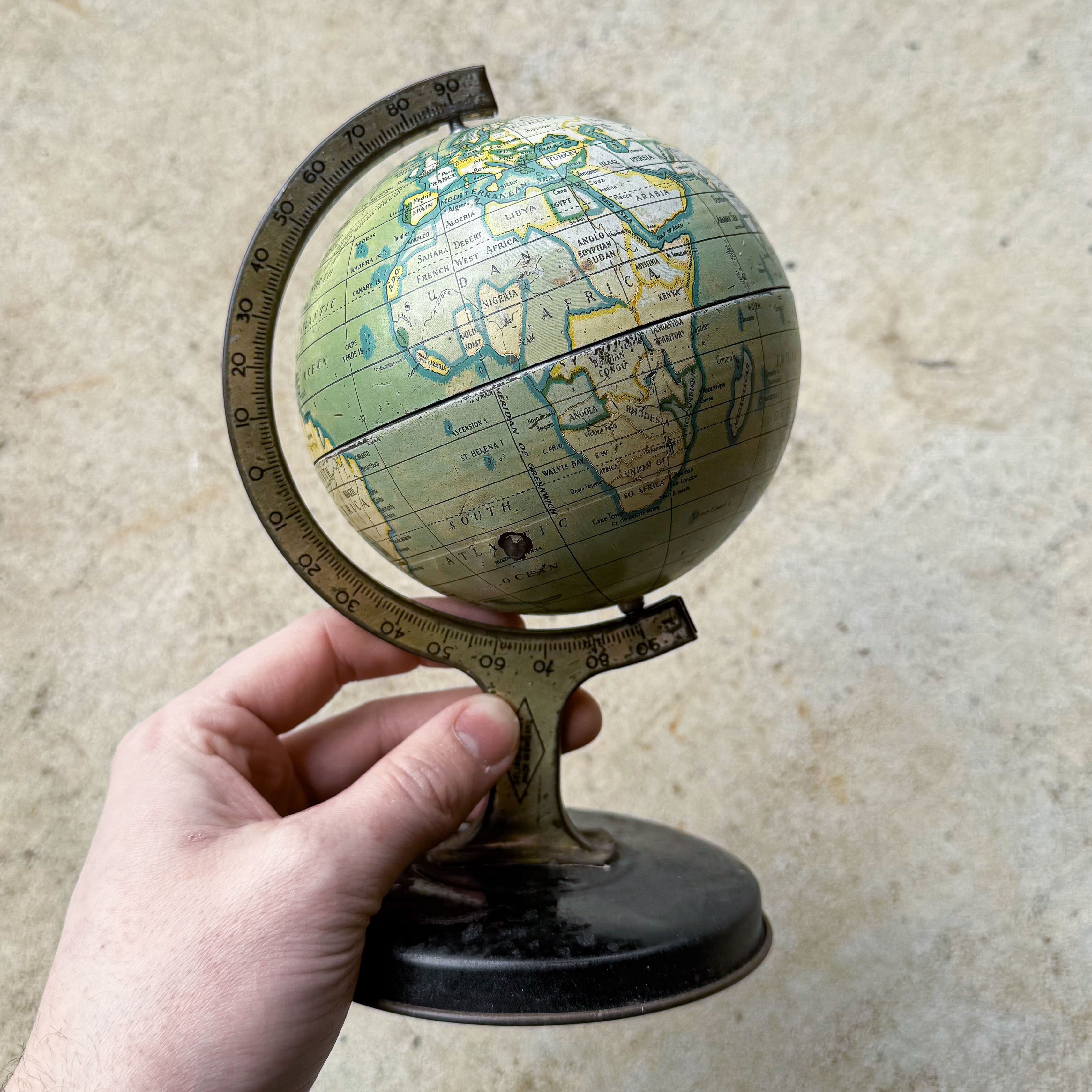 Antique Vintage 30s 1930s Reliable Series English British Tin Metal Globe Earth Geographic Model Desk Table Decor Patina Gift Rustic