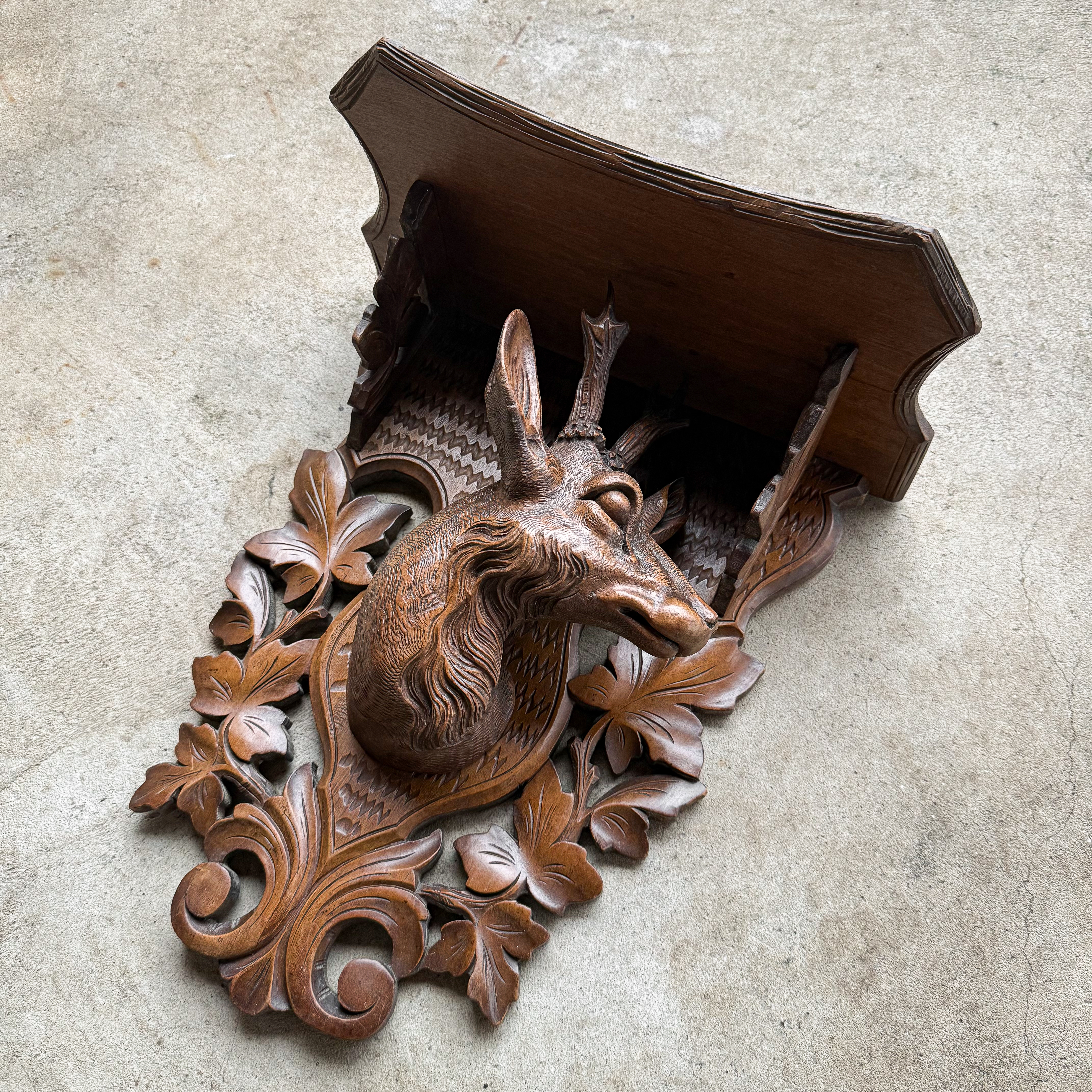 Antique Vintage Early 1900s Black Forest Folk Art Hand Carved Roe Deer Wall Console Shelve Carving Curiosity Collection Decor Gift
