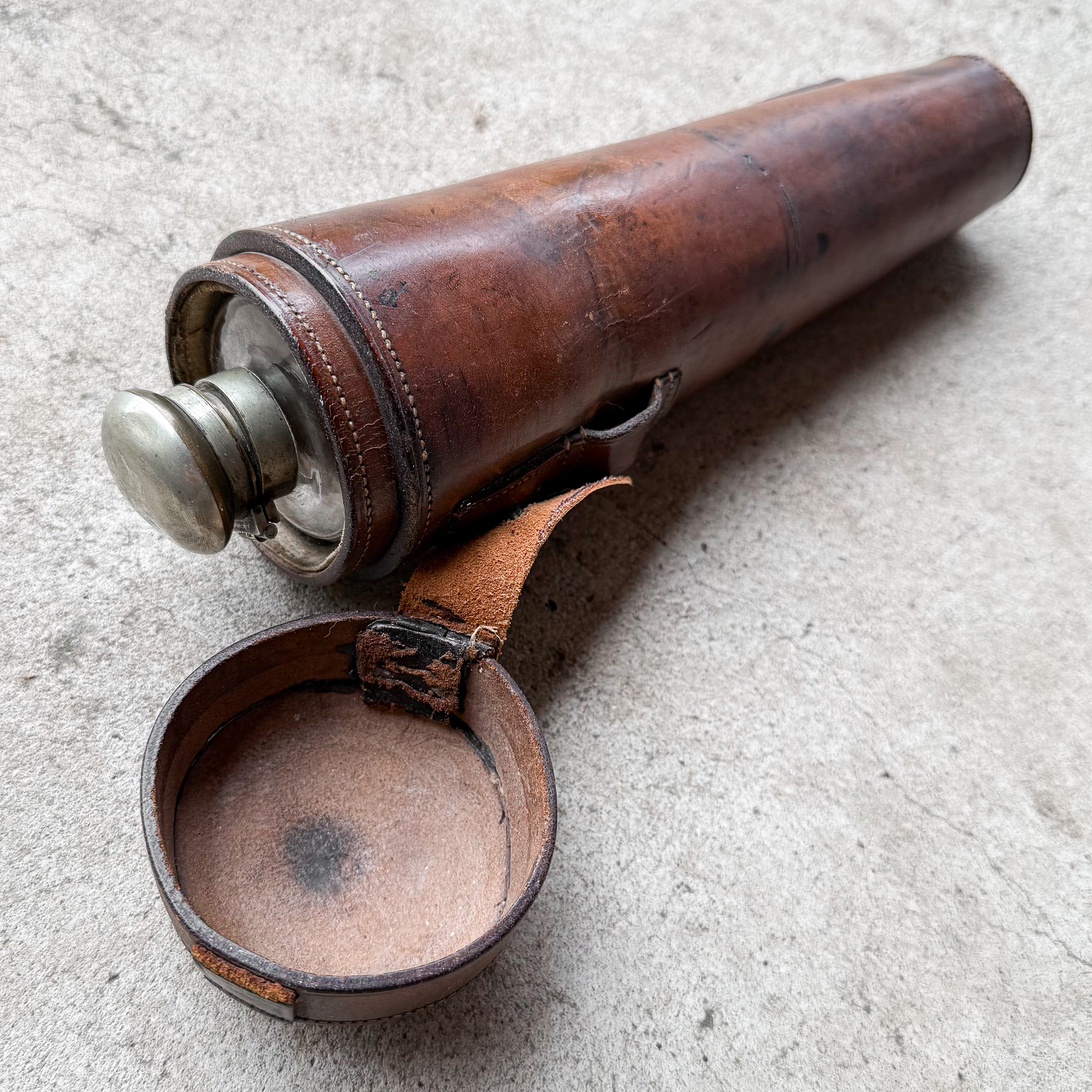 Antique Vintage 19th Century 1800s British Glass Saddle Riding Flask in Leather Case Gear Collection Decor