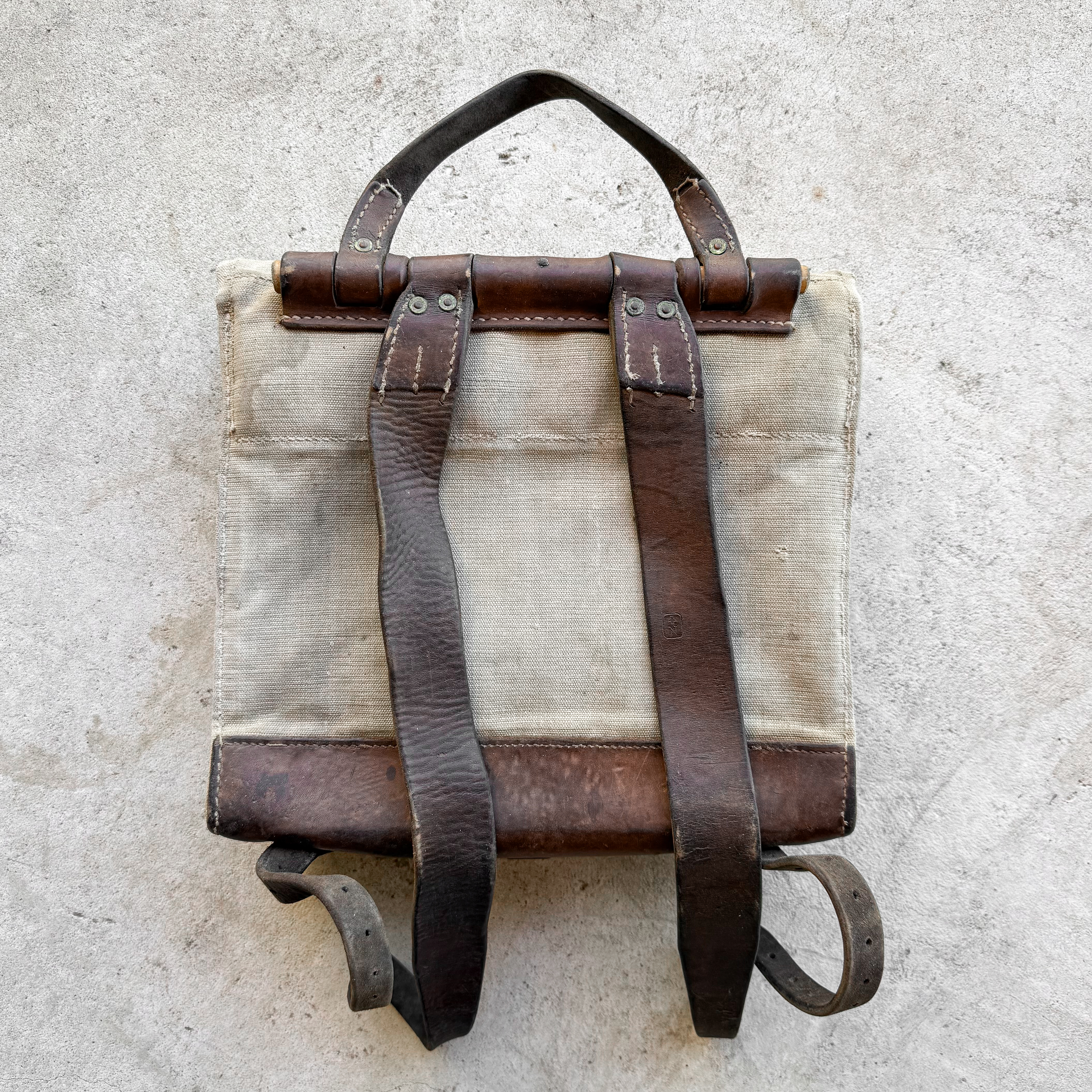 Vintage 20s WWII Era Swiss Army Leather Canvas Rucksack Backpack Pack Bag Gear Rugged Style Hiking Everyday Green Brown