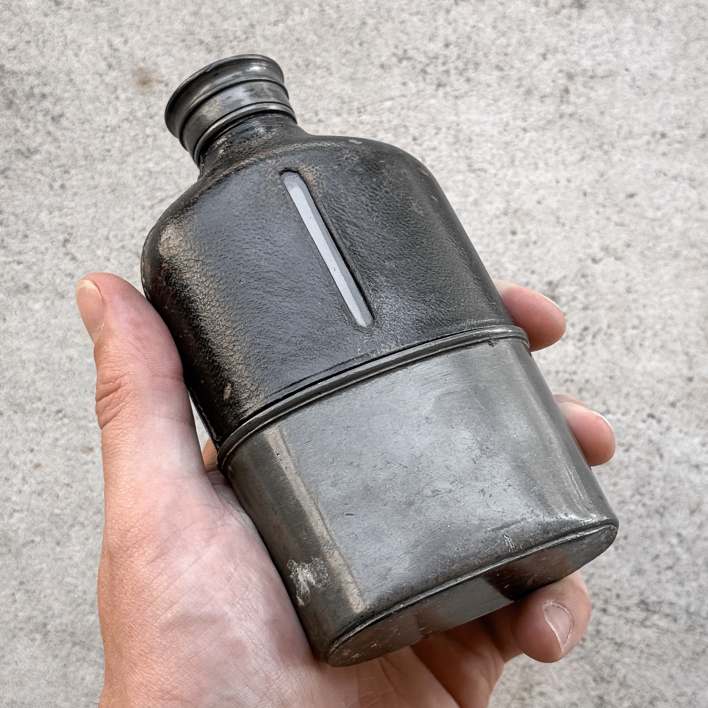 Antique Vintage Early 1900s Hip Flask Bottle Canteen Flacon Field Gear Hiking Hunting Mens Gift Decor Leather Pewter