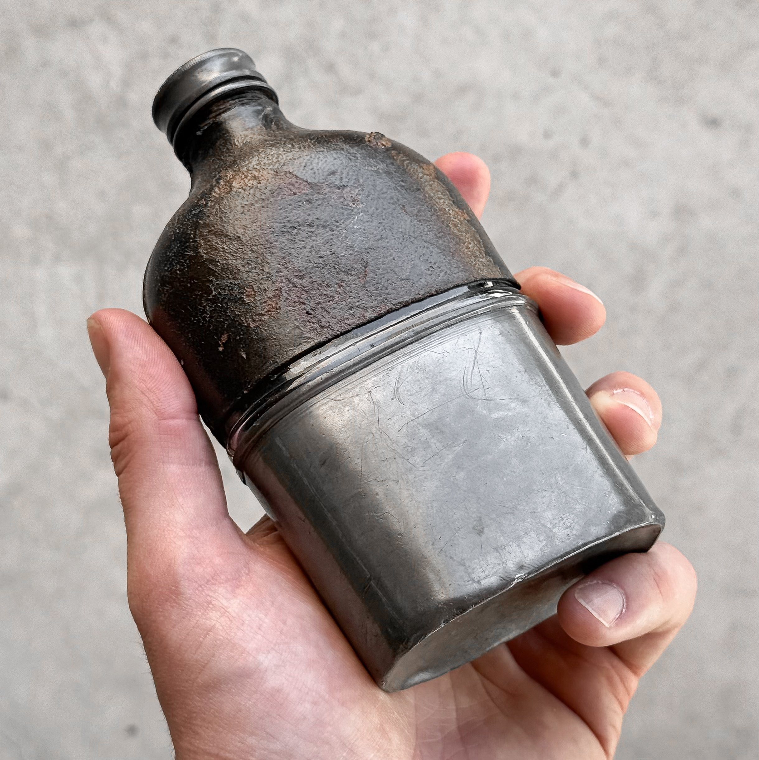 Antique Vintage Early 1900s Hip Flask Bottle Canteen Flacon Field Gear Hiking Hunting Mens Gift Decor Leather Pewter